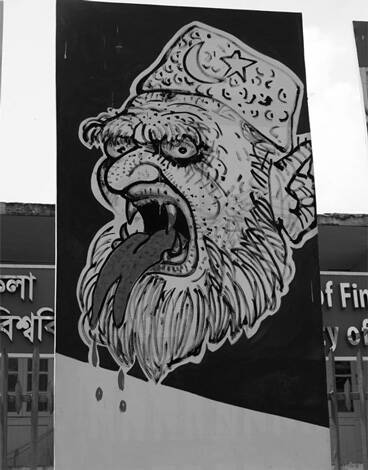 Dual toned poster sign with black on top has the white sketch of the head of an old man with a short round hat, jagged features, heavy beard, bushy eyebrows, and his open mouth has long fangs with a long forked tongue hanging out, dripping blood onto the white portion of the poster.