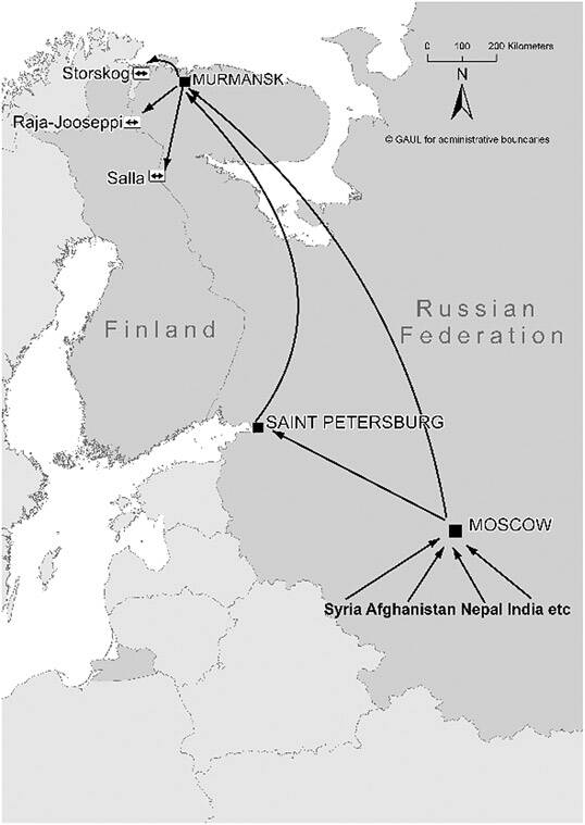 A 200 Kilometer scale map of eastern Europe, the western part of Russia, and Scandinavia; entries for Syria, Afghanistan, Nepal, India, etc. have lines pointing to Moscow, which has a line going to Murmansk in the far north, and to Saint Petersburg in the mid-west, which then follows onto Murmansk as well. From Murmansk arrows go to the Finland border the crossing points of Storskog in the far north, Raja-Jooseppi a bit further south, and Salla further south but still in the top one-quarter of the Finnish territory.