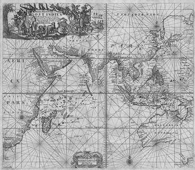 Disproportional map drawn centered in the Indian Ocean with a small India, labelled 'Nogol' surrounded by numerous island, an oversized Africa, labelled 'Africe Pars', fills the left of the map while Australia and the orient with oversized Indonesian islands on the right. A drawing fo people and cattle adorn the top left labelled 'Oost Indie'.