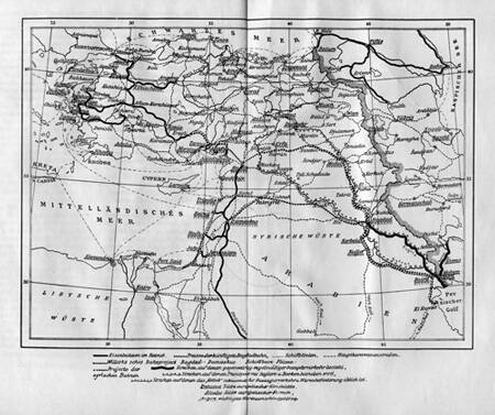 Blurry map of the eastern Mediterranean with lines leading from a distorted image of Italy drawn as a plain peninsula without the boot-like shape, through the Adriatic countries across east-central europe and down the coast of modern day Israel, which is marked Syriacne Wüste, down to Egypt.