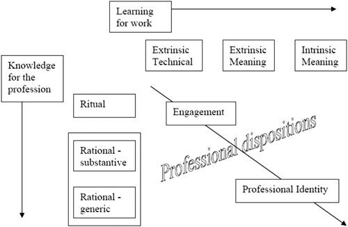 On the left, Knowledge for the profession increases downward with the areas of Ritual, Rational - substantive, and Rational - generic. On the top, Learning for work increases to the right with the areas of Extrinsic Technical, Extrinsic Meaning, and Intrinsic Meaning. These areas provide the professional dispositions area with engagement leading to professional identity.